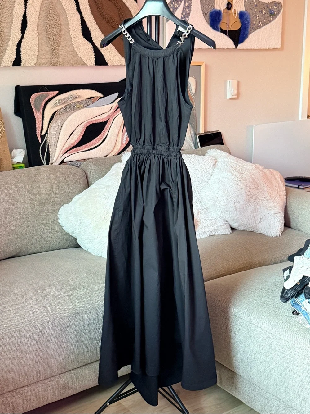 Michael Kors Black Midi Dress with Chain-Strap Detail